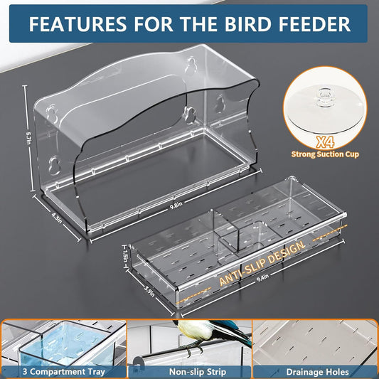 Window Bird Feeder Viewing Box - 10x6 Inches Acrylic Window Bird Feeder with 4 Strong Suction Cups, 3 Compartment Trays, Clear Birdfeeder with Enhanced Grip, Watching Cardinal for Cat