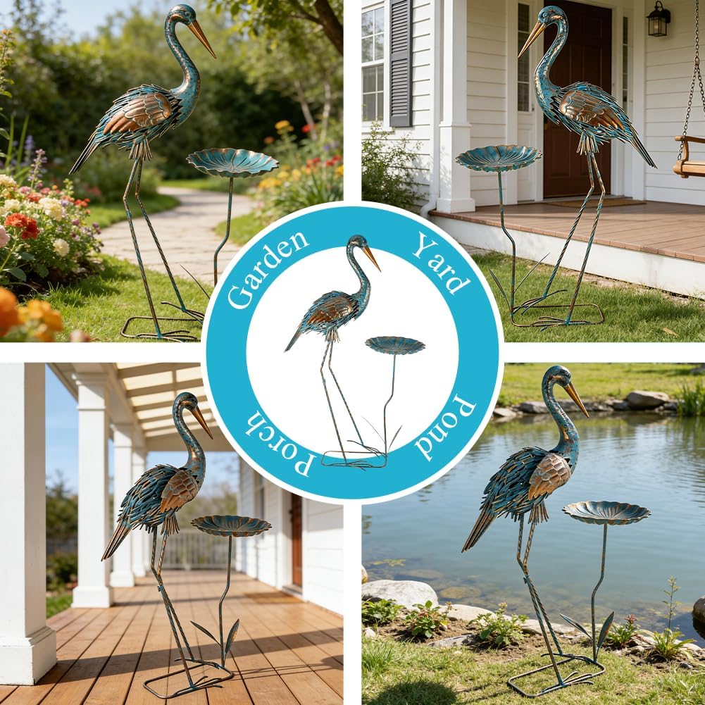 Metal Crane Garden Statue for Outside, Large Heron Outdoor Statues with Leaf Tray, Elegant Crane Yard Art Garden Decor for Garden Yard, Porch(39.37 Tall)