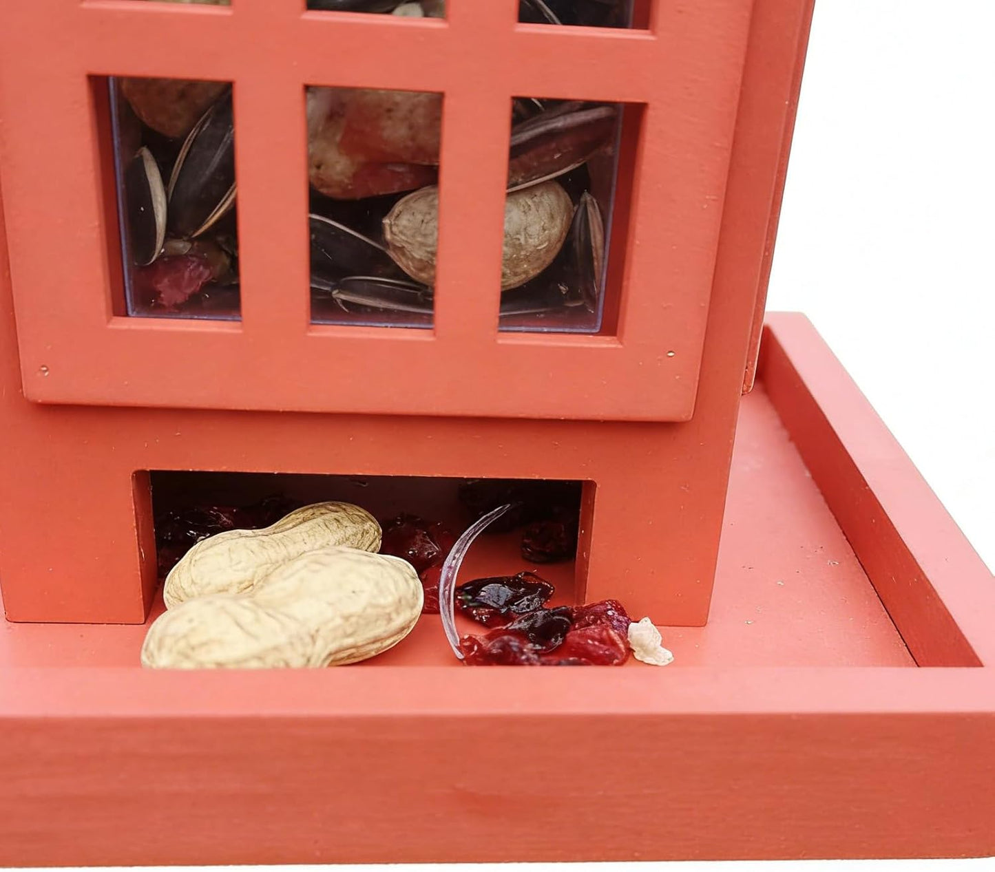 Outdoor Bird Feeder, Wooden Red Telephone Box Spill-Resistant Feeding House for Wild Birds, Garden, Backyard, Balcony, Porch, Yard Décor