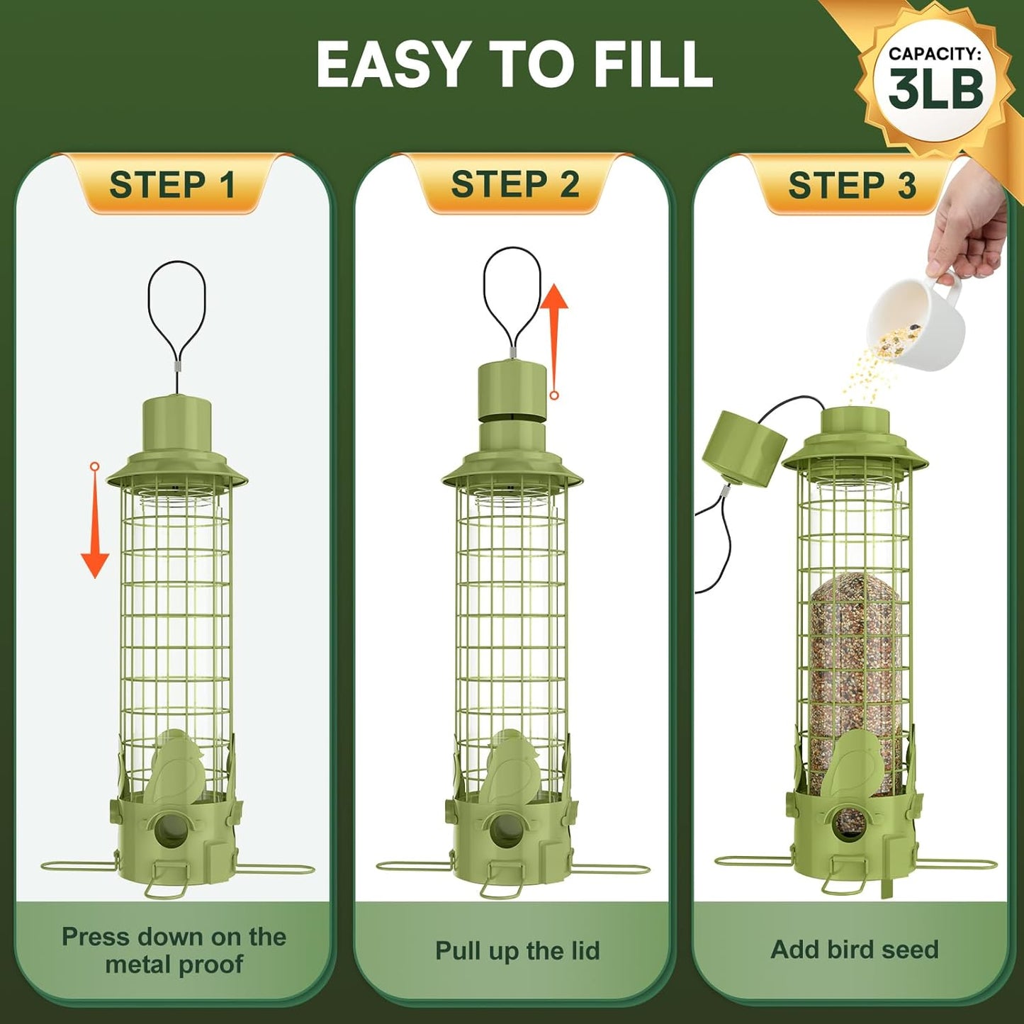 Bird Feeders Squirrel Proof with Weight Activated Perches,Metal Mesh Bird Seed Feeders for Outdoors Hanging- Large Tube Wild Bird Seed Feeders with 3LB Capacity for Finch, Cardinal, Blue Jay
