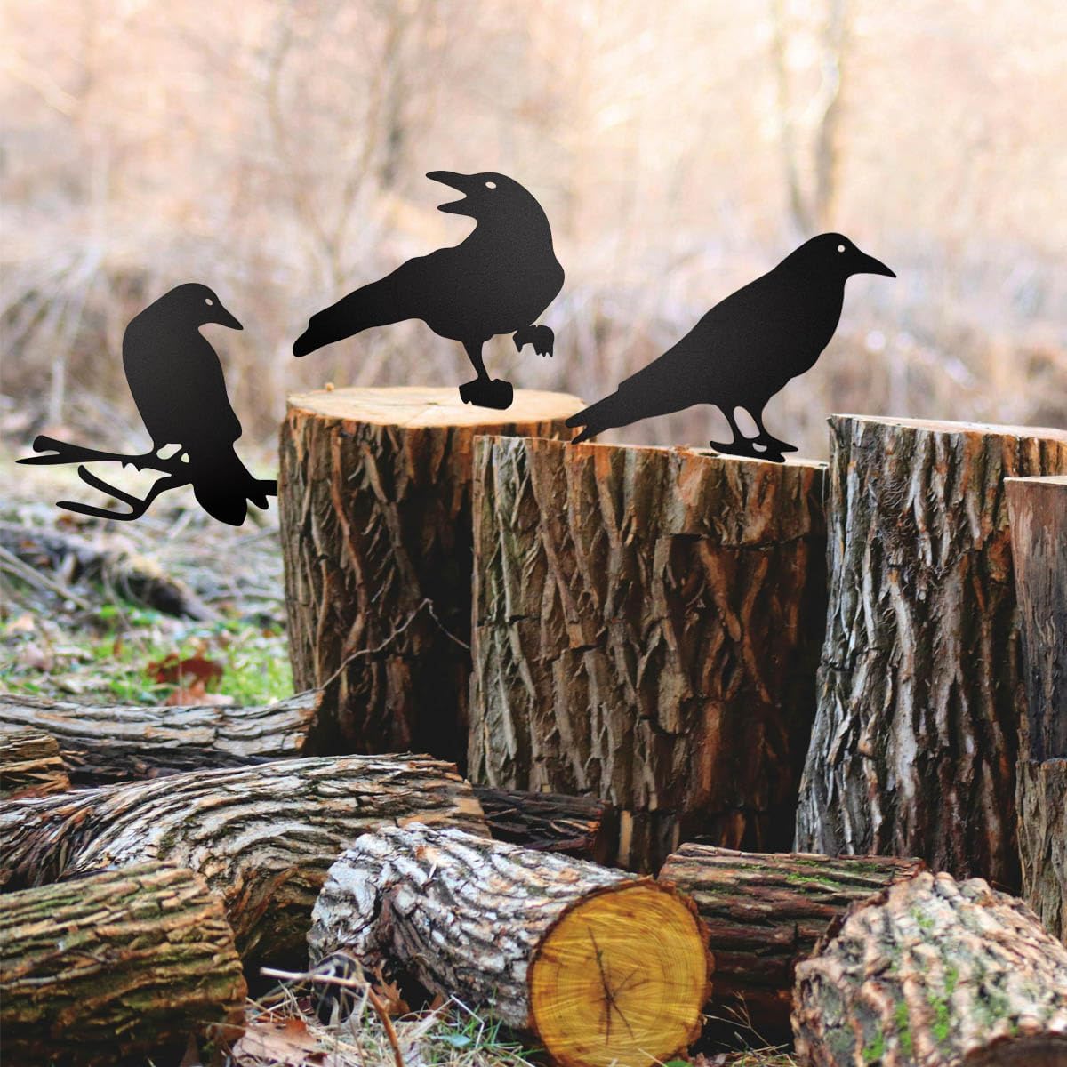 Black Metal Raven Decor ,3PCS Outdoor Raven Yard Fence Decorations ,Metal Birds Craft Ornaments Garden Fence Topper Outdoor Yard Art