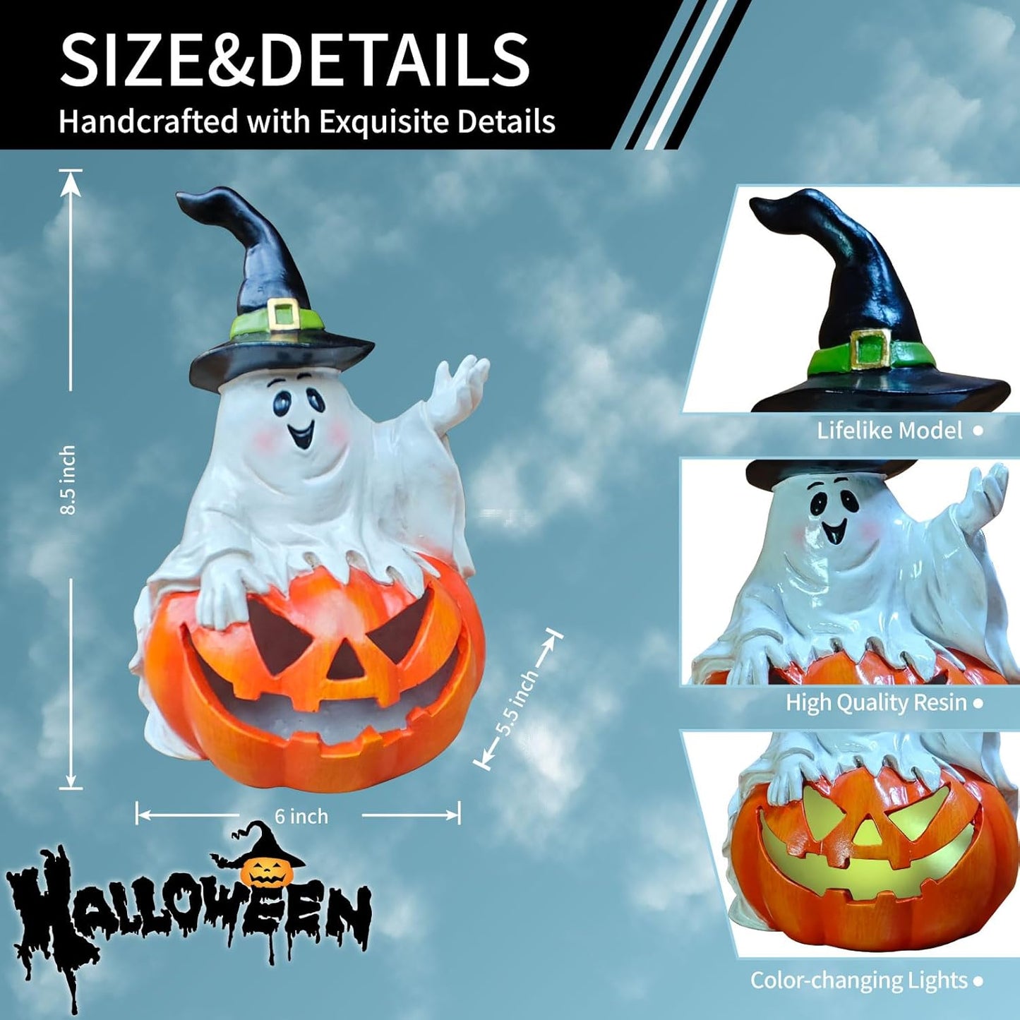 Ghost Halloween Decorations Outdoor with Solar LED Lights, Cute Spooky Ghost Jack-O-Lantern Pumpkin Figurines, Color Changing Halloween Decor Outside for Yard Porch Garden Lawn Party