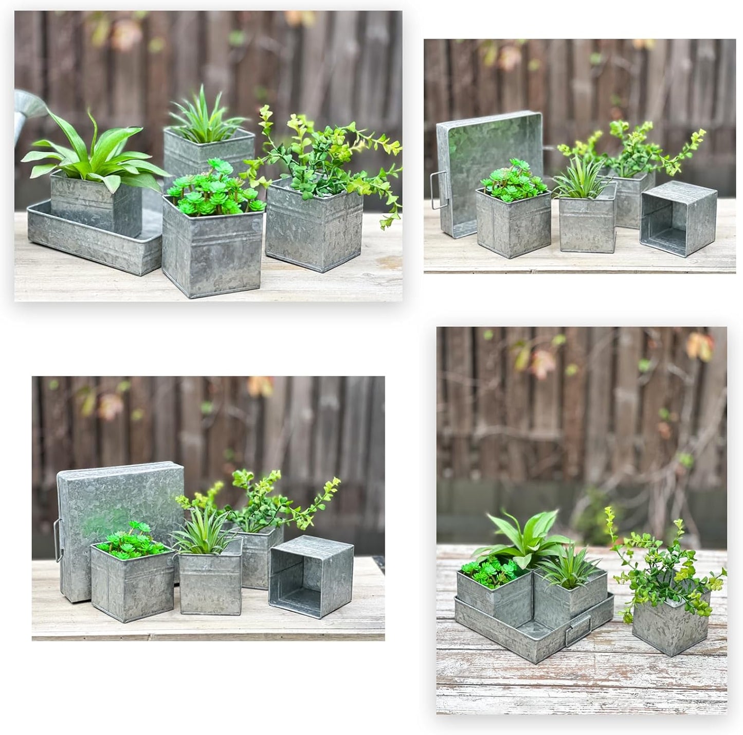 Set of 4 Shabby Chic Small Vintage Vase Farmhouse Flower Planter, Rustic Galvanized Metal Pots with Metal Tray for Kitchen Bathroom Bedroom Table Centerpiece Windowsill Country Indoor Decor
