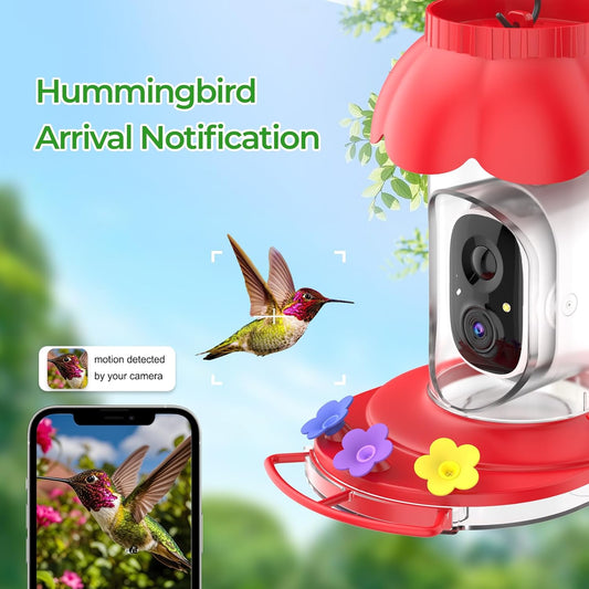 Smart Hummingbird Feeder with Camera Solar Powered, 2K Live View Humming Bird Watching Camera, AI Identify, Instant Notifications, Ant and Bee Proof, 3 Color Feeding Ports,Hanging on Porch Patio