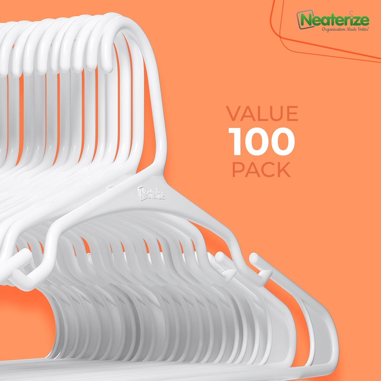 NEATERIZE Clothes Hangers Plastic 100 Pack for Adults - Plastic Hangers, The Perfect Coat Hanger and Space Saving Clothes Hangers for Closet - White Hangers