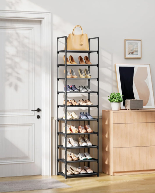 Kitsure Shoe Rack - 10-Tier Shoe Organizer with Detachable Fabric Shelves & Metal Frame, Tall Shoe Rack for Closet, Entrance, Living Room, 16.9" Wide - 10 Tier, Black