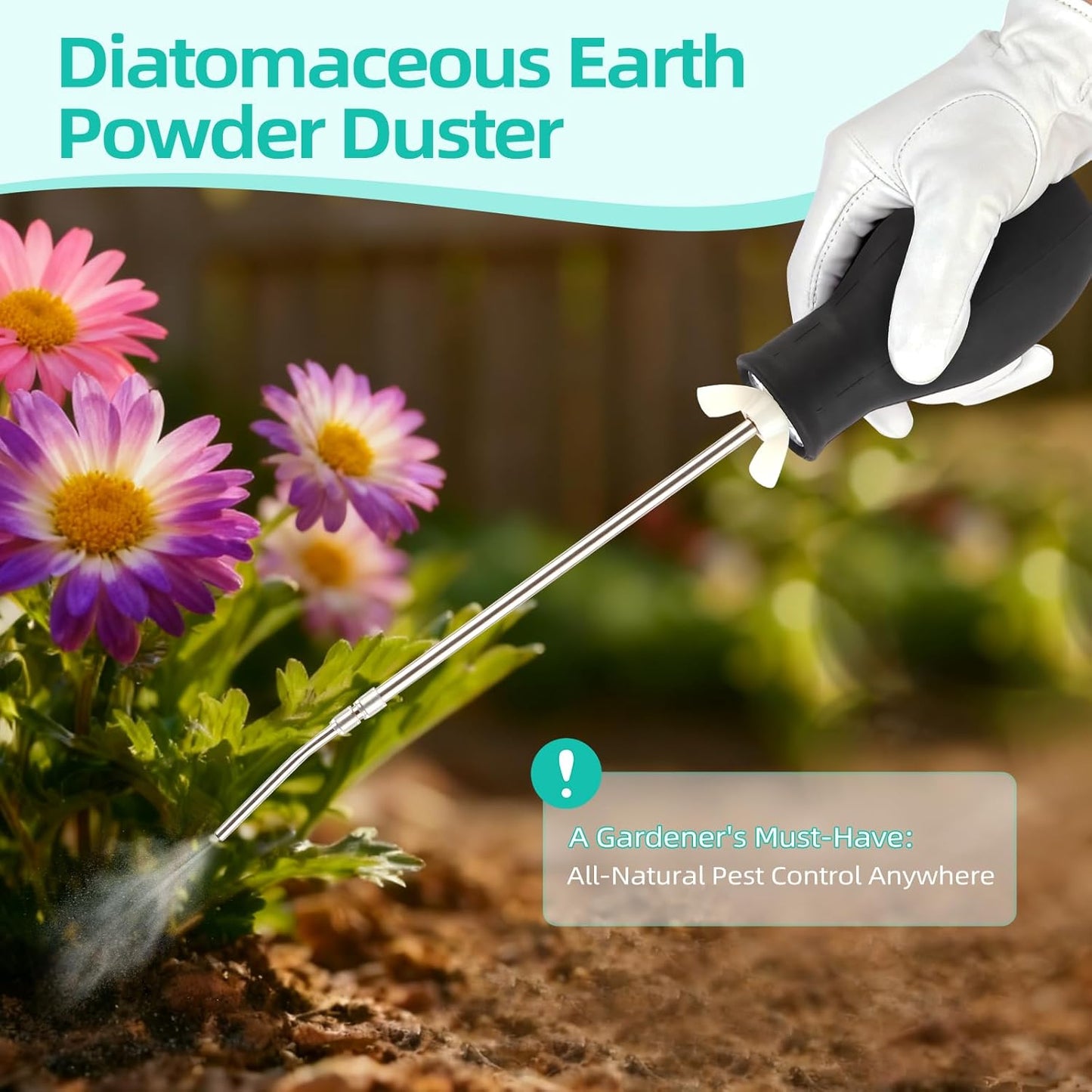 Diatomaceous Earth Powder Duster with Extendable Metal Tube (5" to 22") & Threaded Seal - Leak-Proof Bulb Sprayer for Garden, Home, Pet Area Insect Control - Includes Funnel & Scoop