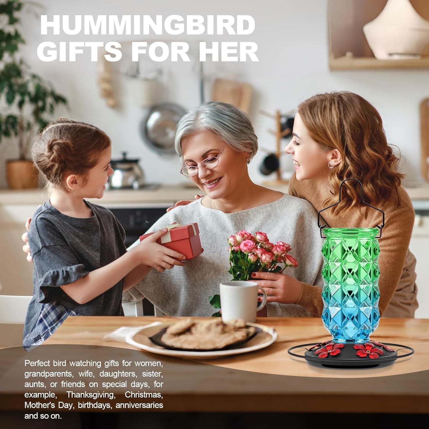Glass Hummingbird Feeders for Outdoors, 25 Ounces Wild Bird Nectar Feeder with Perch & 5 Flower Feeding Ports Leak Proof Hanging for Garden Backyard Decor, Gifts for Women Mom, Green & Blue