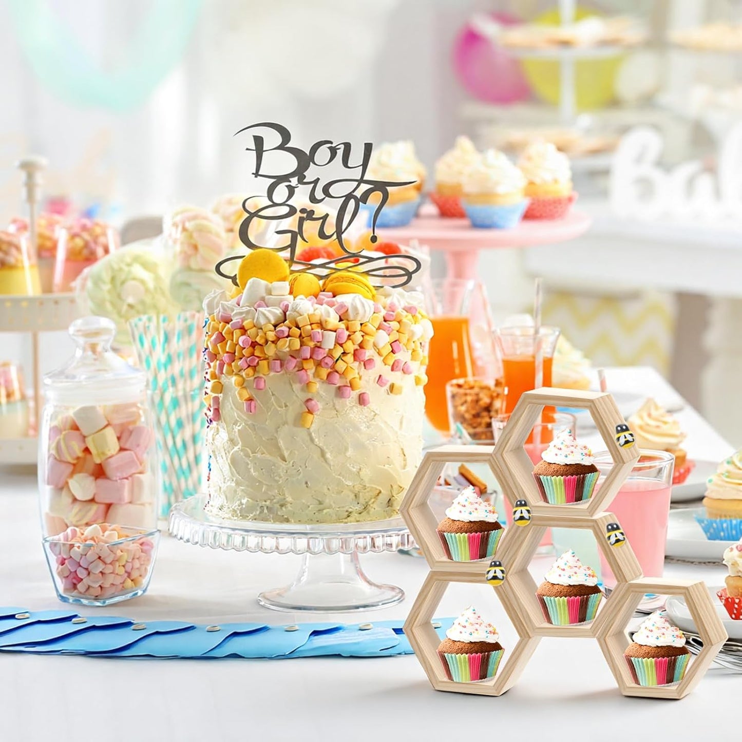 Yolev 12 Pcs Hexagon Honeycomb Cupcake Stand with 50 Tiny Wooden Bee Wooden Farmhouse Hexagon Cake Display Holder Floating Cake Stand Honeycomb Shelves for Bee Baby Shower Decorations