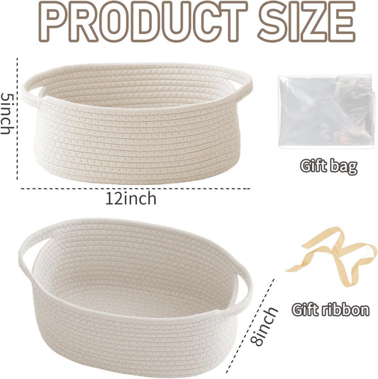 Woven Basket,Small Rope Storage Bin with Handles & Ribbon Bag, Organizer for Shelves Closets,Gift Basket Empty for Birthday,Books,Dog Toys,White