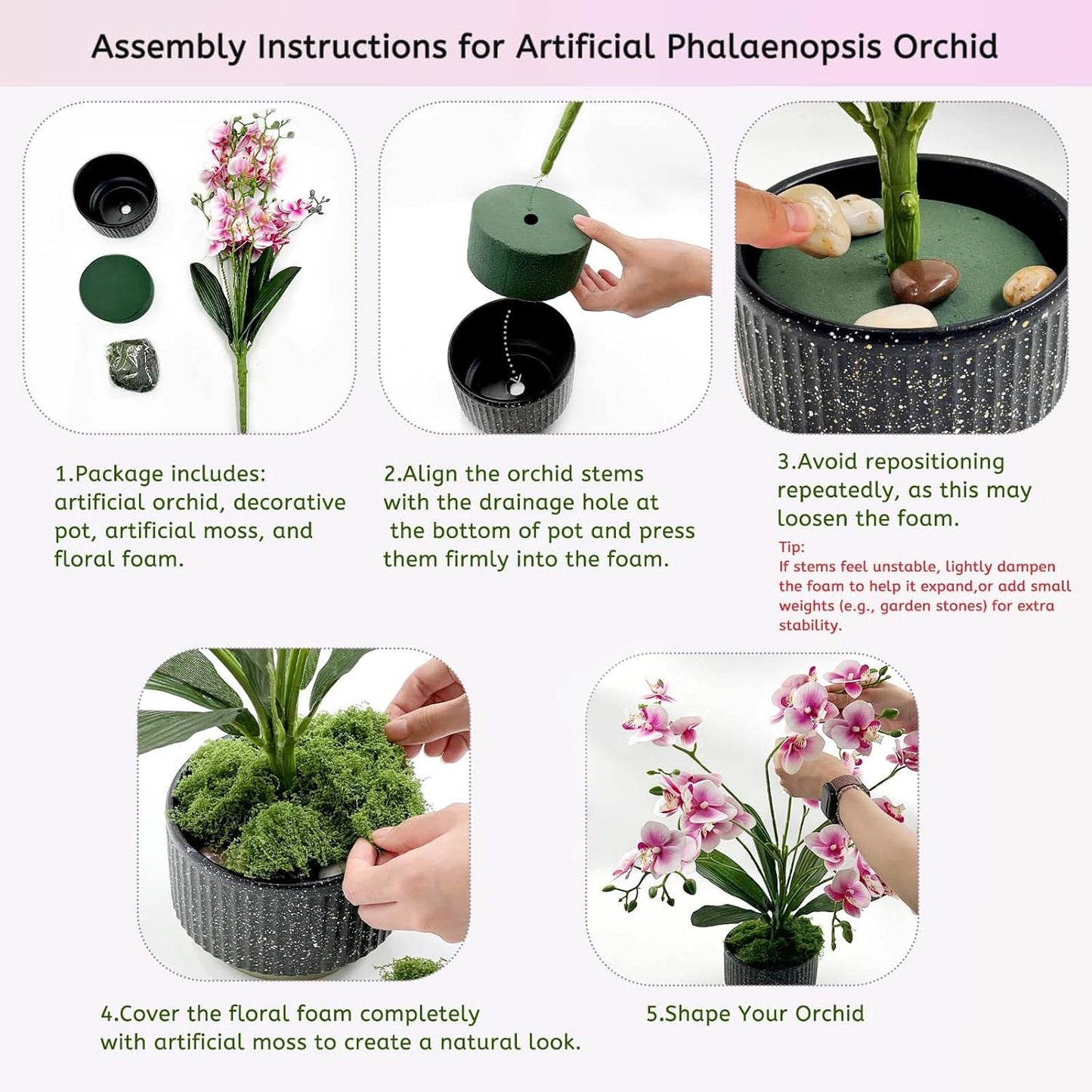 Daily Treasures Artificial Orchid Flower in Pot - 33 Realistic Flower Heads with Adjustable Stems, Premium Black & Gold Ceramic Vase, No Maintenance Faux Floral Decor for Home Office Bathroom