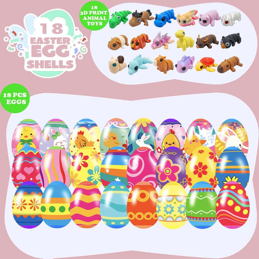 18 Pcs Easter Eggs with 3D Print Animal Prefilled Easter Eggs with Toys Inside Easter Egg Fillers for Kids Boys Girls Easter Basket Stuffers Party Favors Easter Egg Fillers