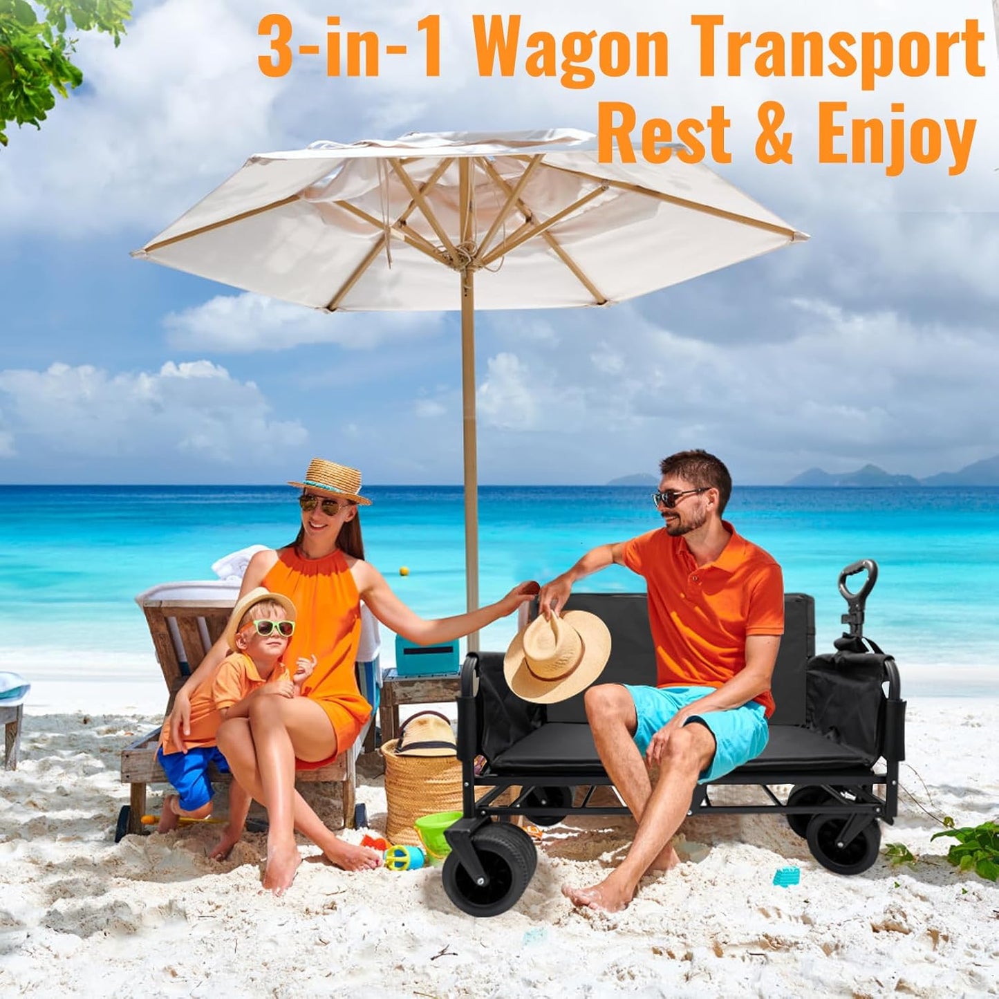 Collapsible Foldable Wagon Cart with Wheels 240L Capacity Folding Sports Wagons, 560LBS Load Large 3-in-1 Grocery Heavy Duty Carts for Sand, Beach, Camping, Fishing