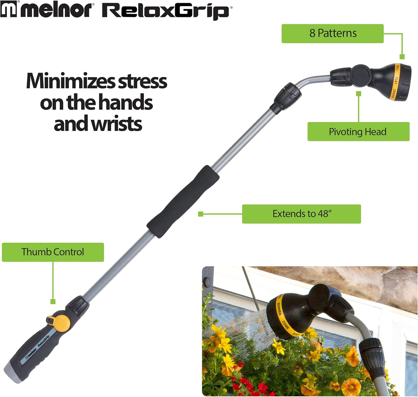 Melnor 65145AMZ RelaxGrip 8-Pattern Pivoting-Head QuickConnects Extens