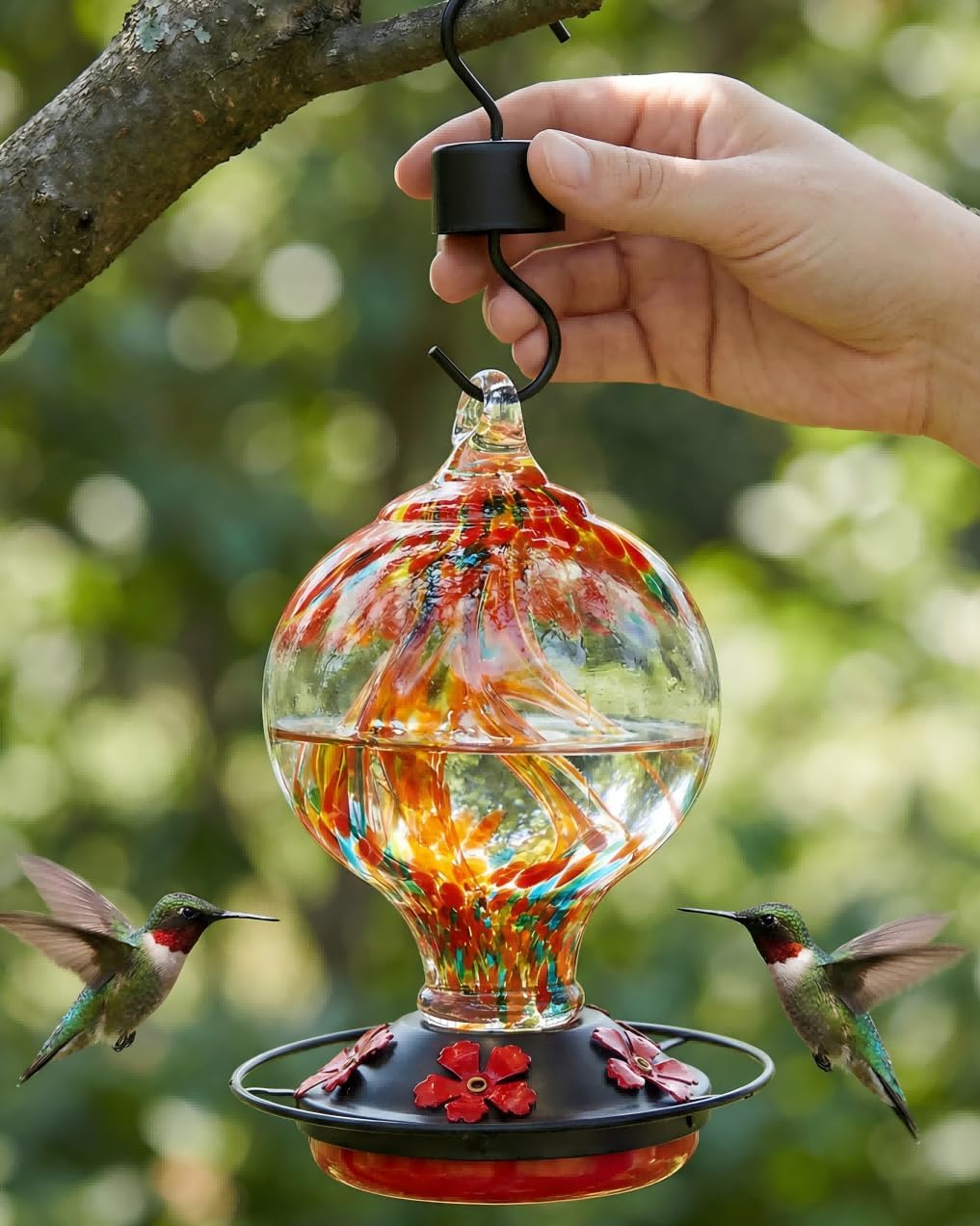 Hummingbird Feeder for Outdoors Hanging, 34 Oz, Hand Blown Gift Inner Glass Décor for Garden, Ant Moat & Bee-Resistant Ports, Decoration Stained Humming Bird Feeders, Sunset Red