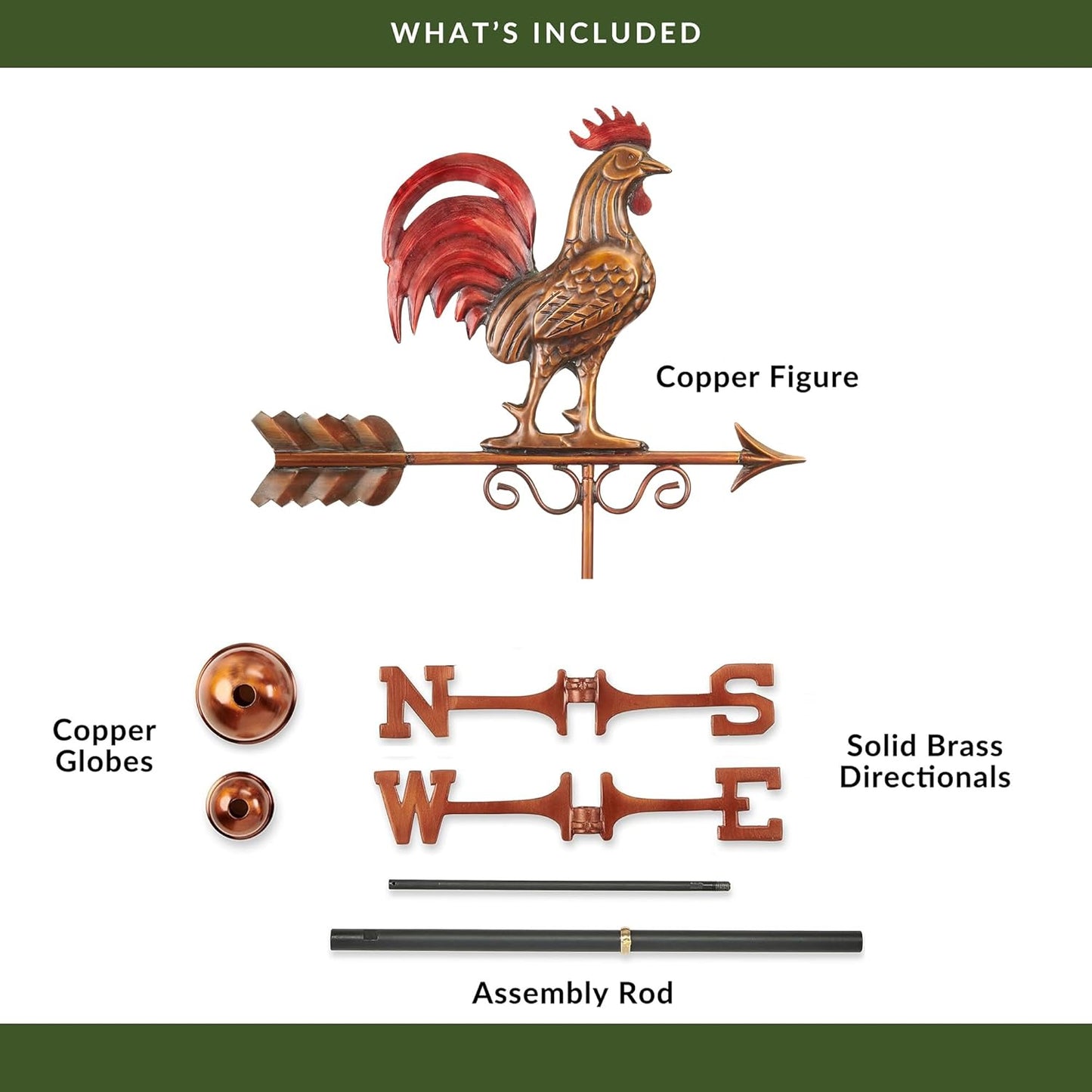 Good Directions Bantam Red Rooster Copper Weathervane, Hand Finished Multi Color Patina
