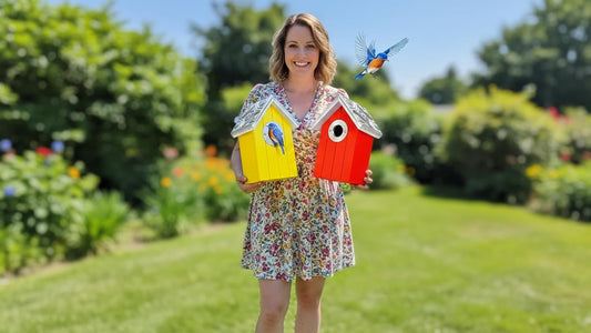 2PK Cedar Bluebird House, Wooden Bird House for Outside, 1.5" Entrance Hole Size, Stainless Steel Entrance Hole Protector, Silver Metal Roof, Colorful Garden Decorative, Pole Mountable (Yellow+Red)