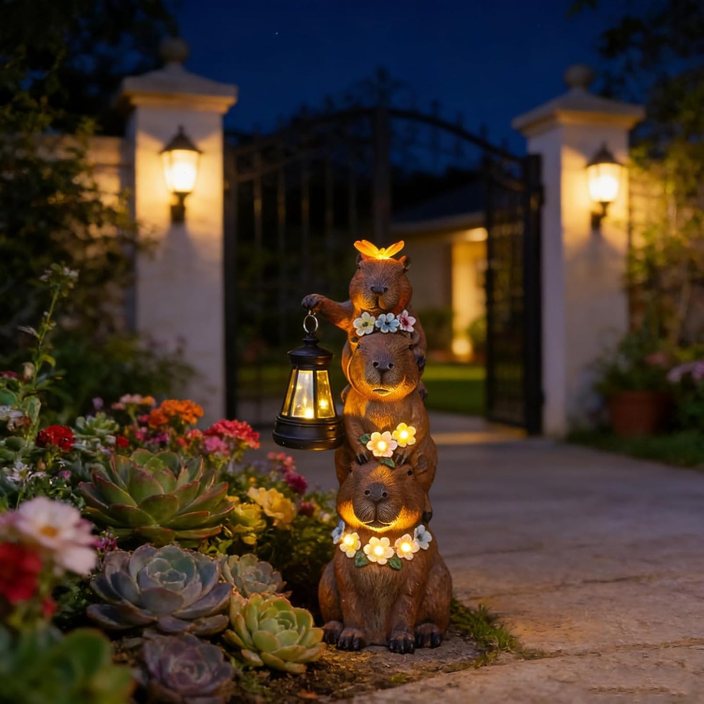 Duck Garden Statue with Solar Lantern, Cute Duck Figurine Waterproof Garden Decor for Outdoor, Porch Goose Statue Outside Duck Light for Yard Art Lawn Pond, Perfect Duck Gifts for Women (Capybara)