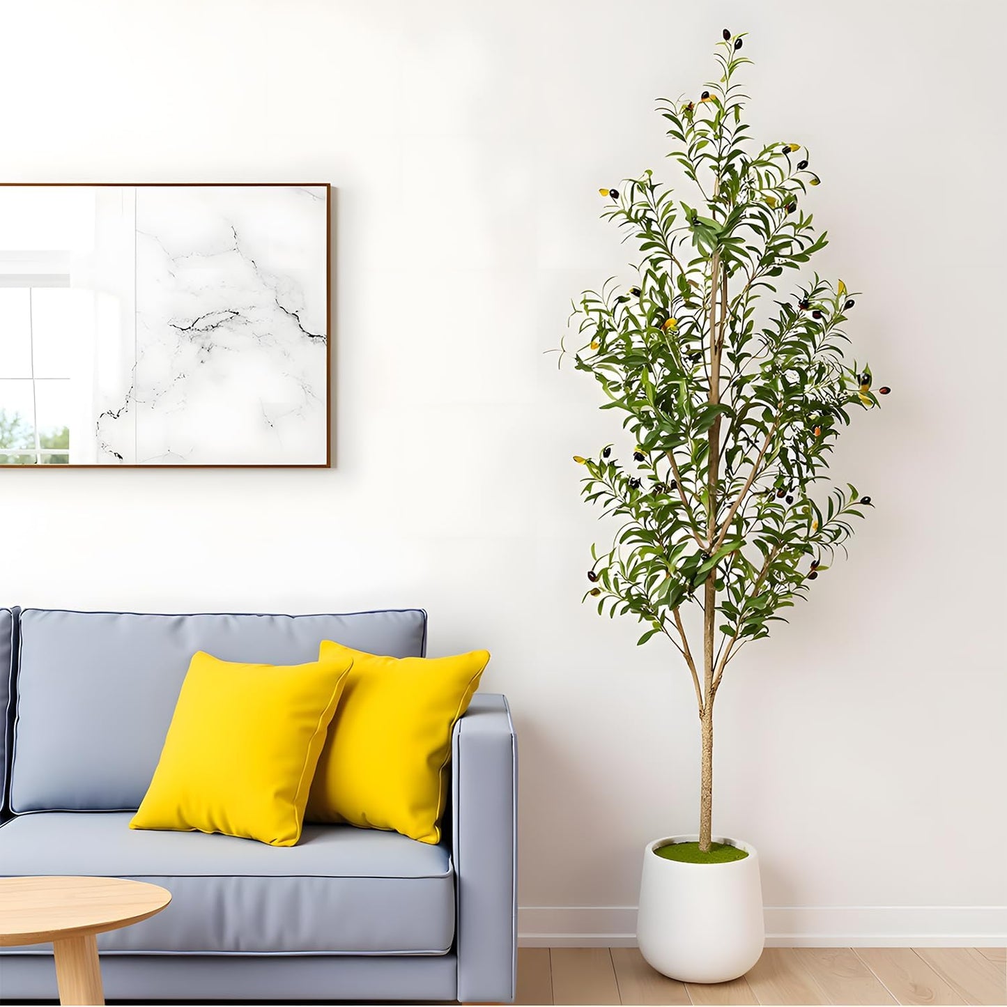 Artificial Olive Tree with White Pot - Faux Olive Tree for Home Decor, Tall Artificial Plants Indoor, Realistic Trunks Foliage Fruit, Office Decor (6FT)
