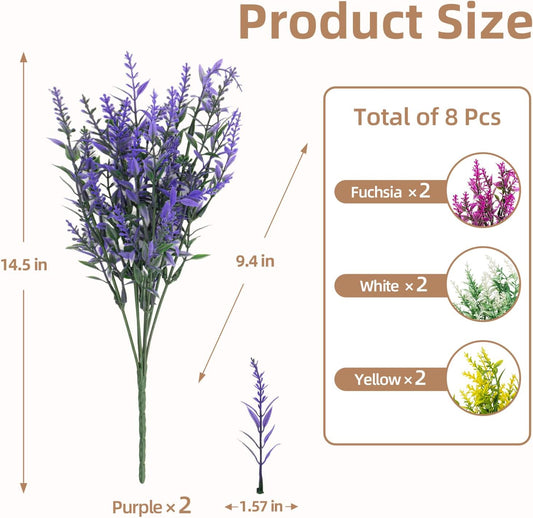 Artificial Flowers Outdoor, Artificial Plants Outdoor for Spring Summer, Lavender Artificial Flowers, for Garden, Porch, Patio, Window Box, Wedding (8, Purple, Fuchsia, White, Yellow)