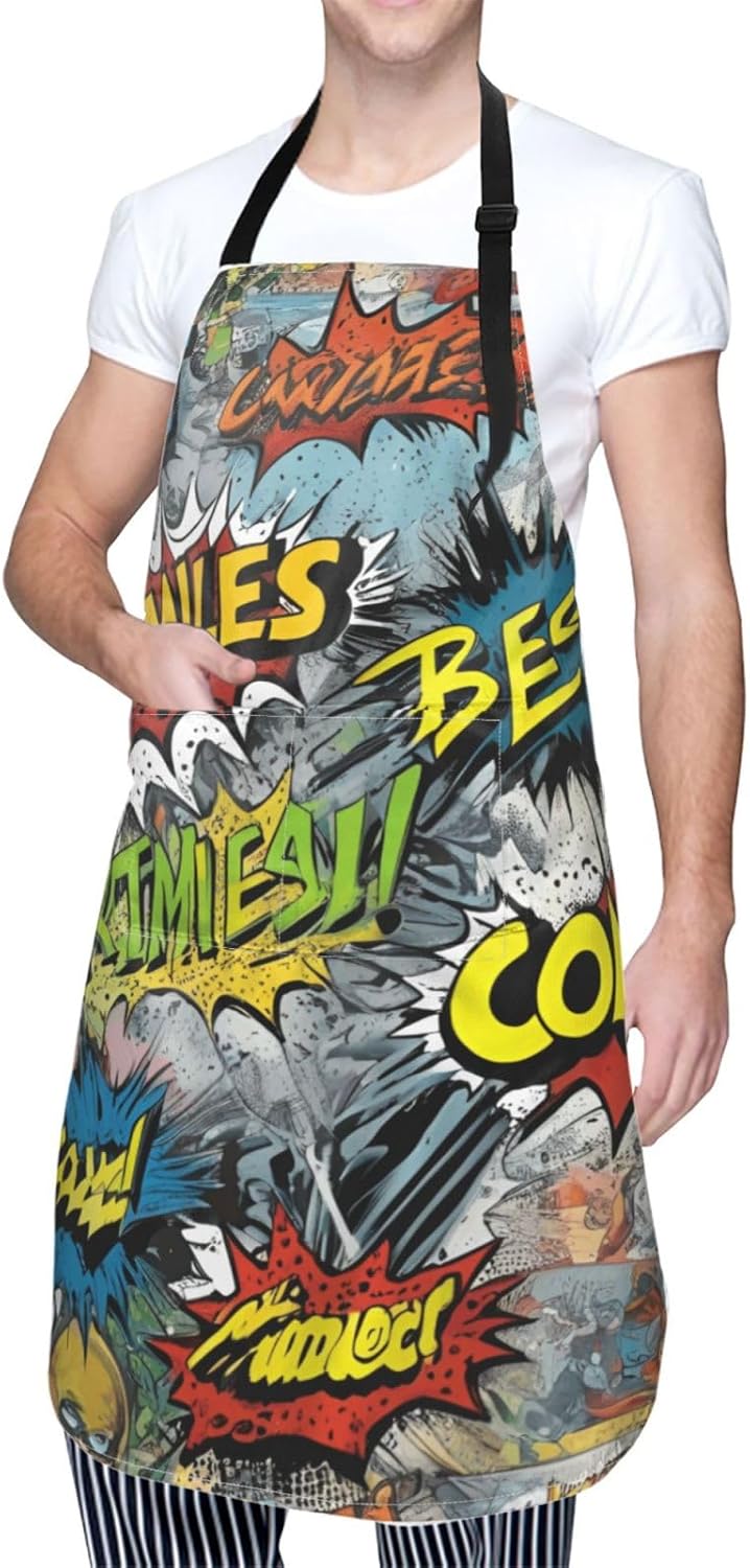 YANYU comic art Print 28x33 In Kitchen Apron Stylish Chef Apron with Pockets for Cooking Baking Painting