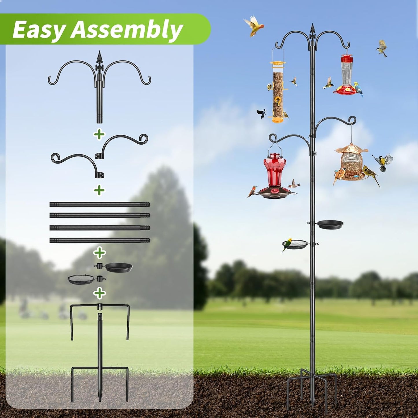 Bird Feeding Station, 88In Bird Feeder Pole Stand 4 Hook Heavy Duty Hummingbird Feeder Hanger Shepherds Hook for Outdoor, with Birds Bath and Mesh Tray, Black 1 Pack