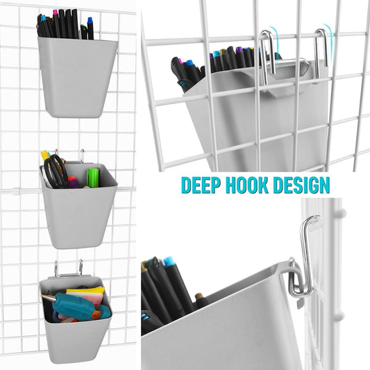 G.CORE Large Grid Wall Bins - 6Pack Gray Gridwall Accessories Hanging Cups with Back Hooks - Plastic Grid Wall Panels Organizers Wire Shelves Holders for Garage Garden Craft Office Tools Storage