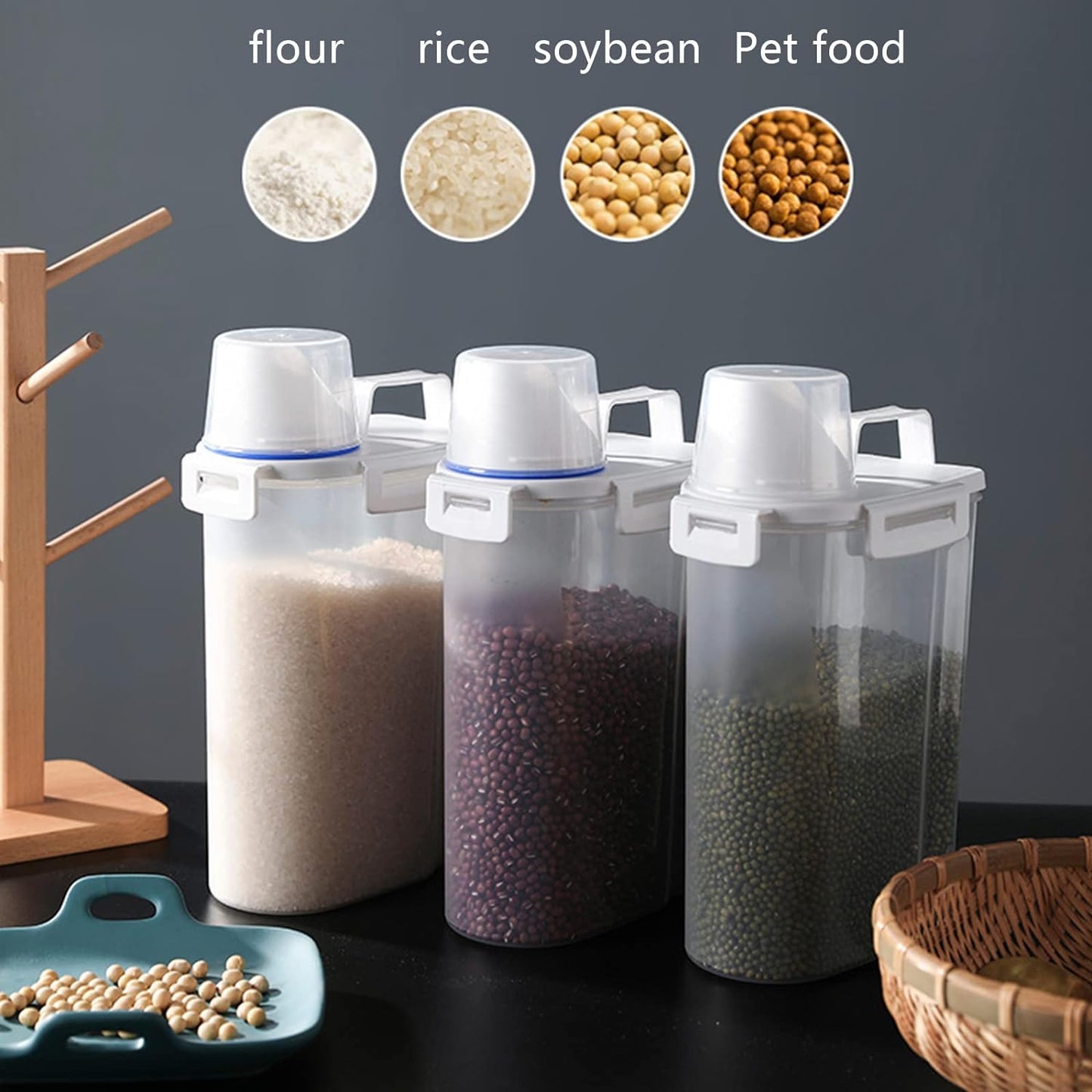 2 Pcs 5.5 LB Rice Storage Container, Airtight Cereal Flour Dispenser with Pouring Spout & Measuring Cup, Kitchen Plastic Clear Dry Food Storage Bin for Grain Oatmeal Snacks Pet Dog Food