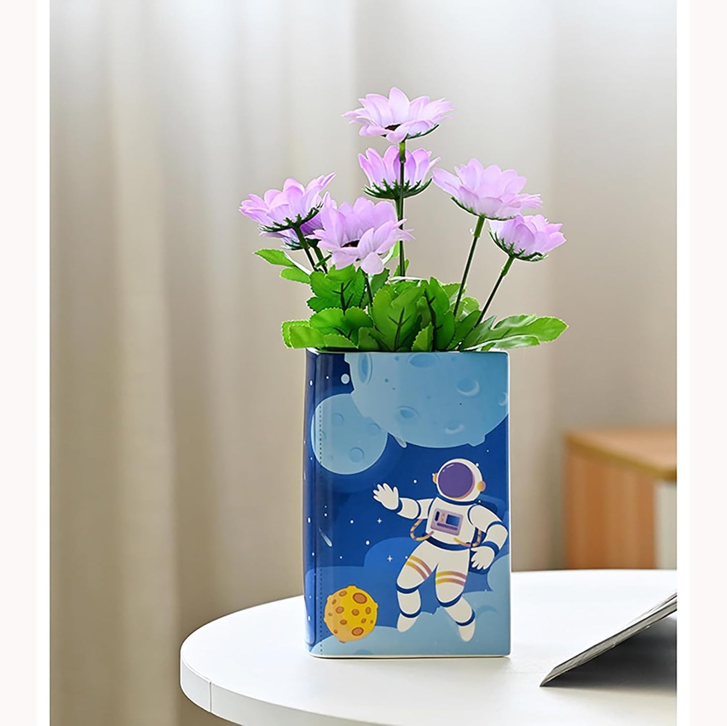 Ceramic Book Shaped Vase Cute Bookshelf Decor Star Astronauts Pot Planter Bookends Planter Simple Modern Flower Bud Vase Unique Vase for Book Lovers Gifts (A-1pcs, M)