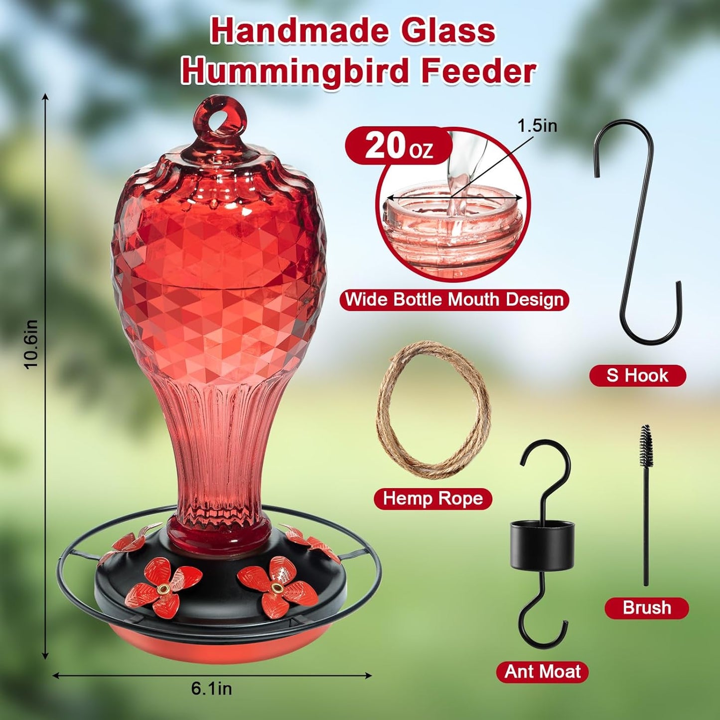 20 OZ Glass Hummingbird Feeders for Outdoors Hanging - Hand-Blown Vibrant Red Reflective Fish-Scale Design - Attracts More Hummingbirds - Leak-Proof Silicone Seal & Ant Moat - Gift for Mom