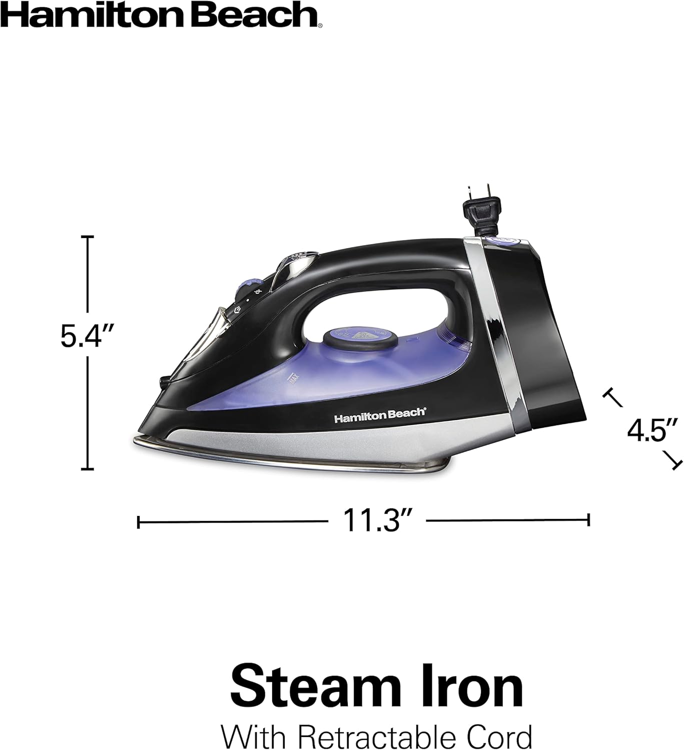 Hamilton Beach Steam Iron for Clothes & Garment Steamer with Smooth Press Stainless Steel Soleplate, 1200 Watts, 8’ Retractable Cord, Black (14214)