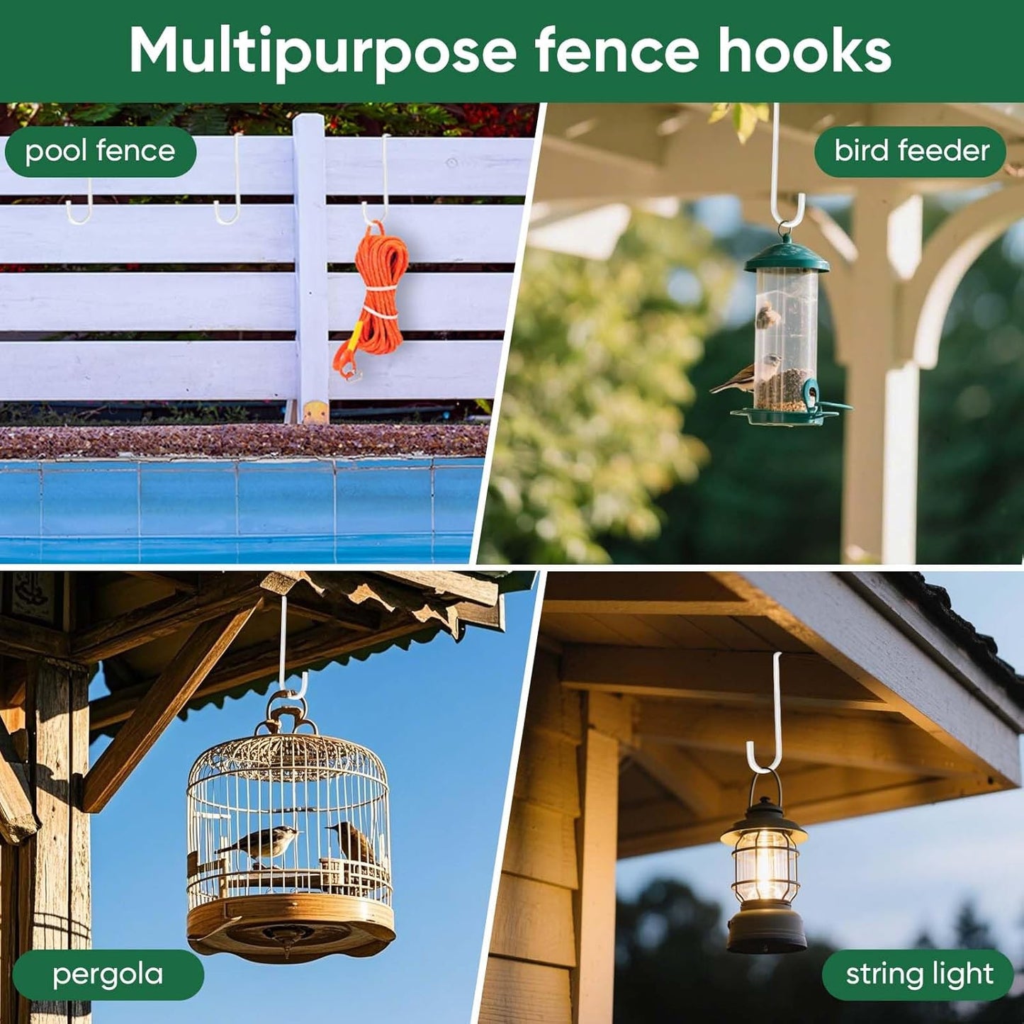 6 Pack 2 x 6 inch Vinyl Fence Hooks Patio Hooks White Powder Coated Steel Hangers fits Easily for Indoor & Outdoor Hanging Lights, Plants & Planters, Bird Feeder, Pool Equipment