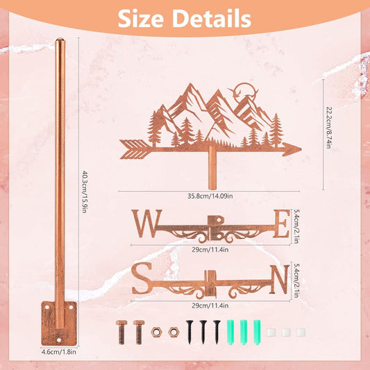 SUPERDANT Mountain Weathervane Forest Tree Sun Weather Vane for Yard Metal Wind Vanes Roof Mount for Outside Garden Copper Red Weathervanes Farmhouse Farm Barn Sheds Patio Outdoor Decorations Gifts