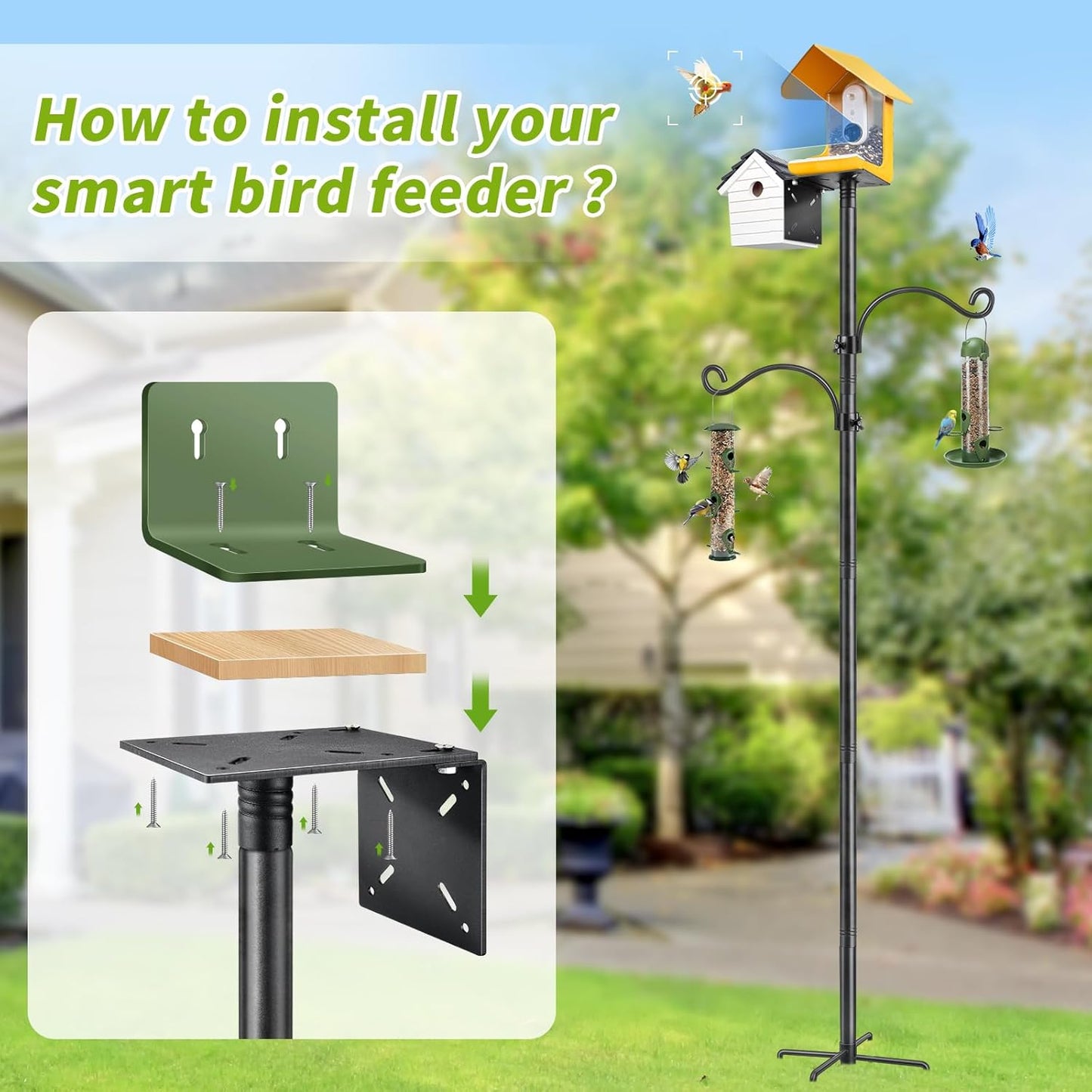 Bird Feeder Pole, 80 Inch Bird House Pole Stand for Outdoors Heavy Duty Metal Feeding Station Kit with 2 Hooks for Birdhouse & Pole Mount birdfeeders Outside, 1 Inch Diameter, 1 Pack