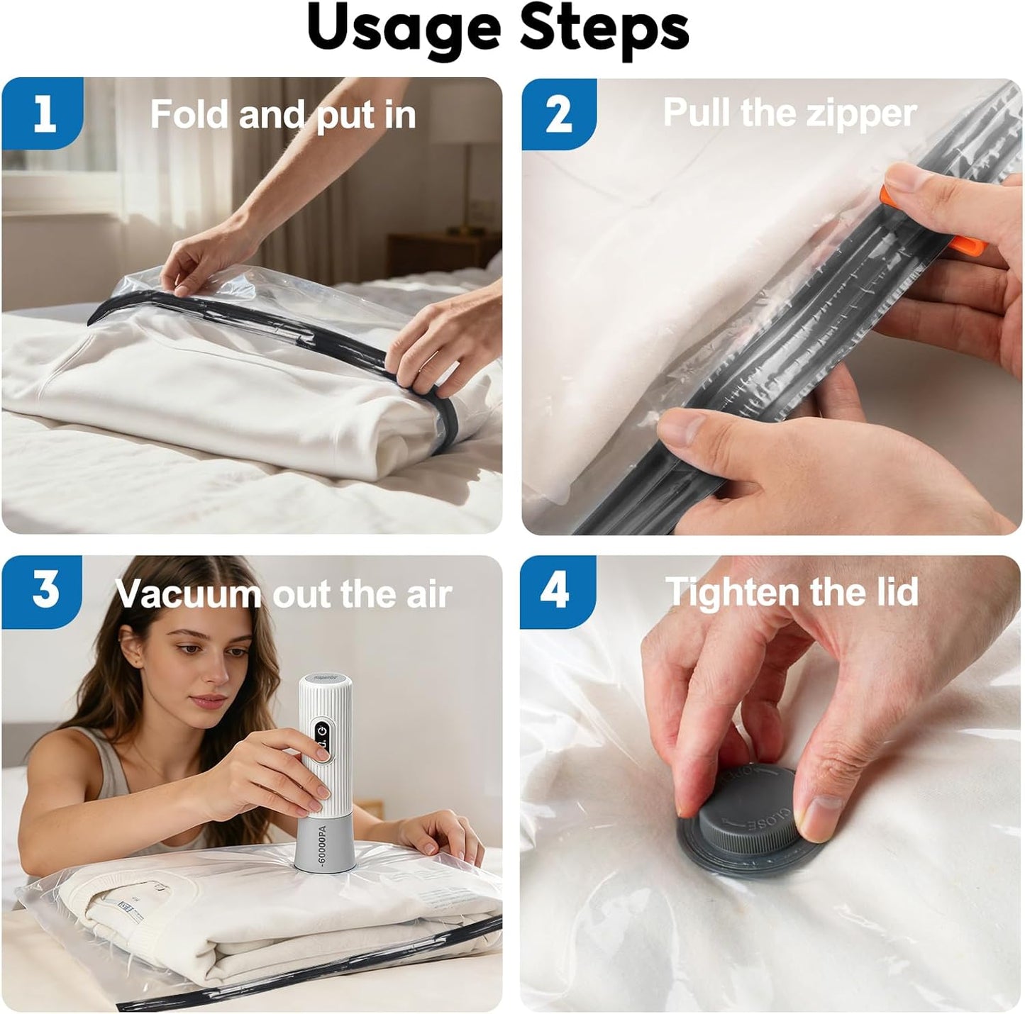 Mapambo Travel Vacuum Bags with -60000Pa LED Electric Pump, 15 Pack Vacuum Seal Bags for Clothing Travel in 3 Combo sizes, Space Saver Vacuum Storage Bags, Saving up to 80% of Space (15 Combo Size)