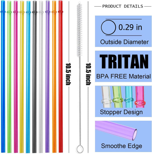 ALINK 10.5 in Long Reusable Plastic Straws with Brush, Tritan Hard Plastic Tumbler Straws, 10 Rainbow Colored Replacement Straw for 16 OZ 20 OZ 30 OZ Stanley, YETI, Starbucks Tumblers, Mason Jars