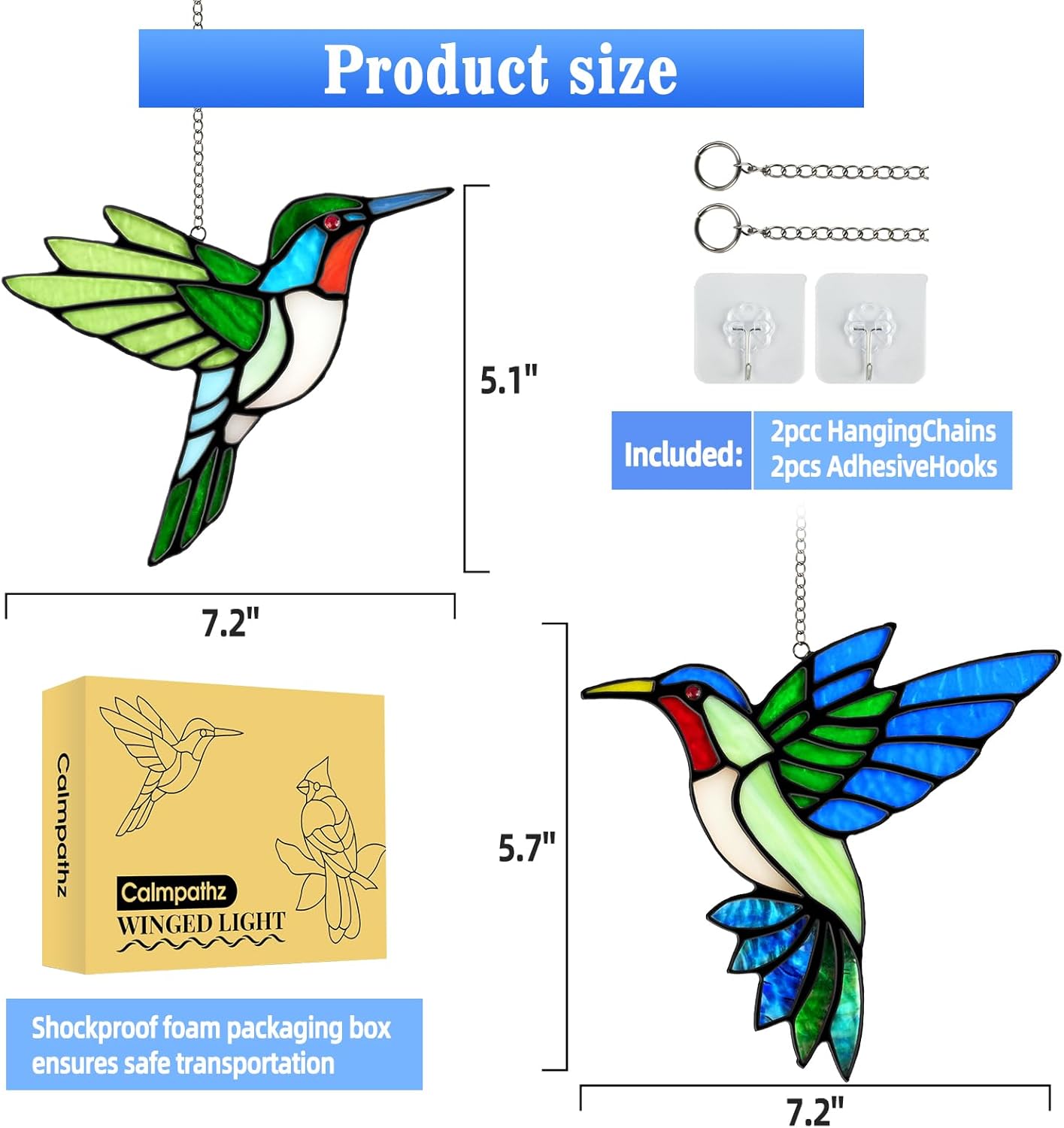 2 Packs Hummingbird Stained Glass Window Hanging Suncatchers - 6 Inch