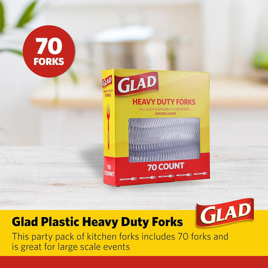 Glad Clear Heavy Duty Plastic Forks, Reduced-Plastic Open Handle, Break-Resistant Disposable or Top-Rack Reusable Cutlery for Parties, Camping & Everyday Meals, Standard Size, 70 Count