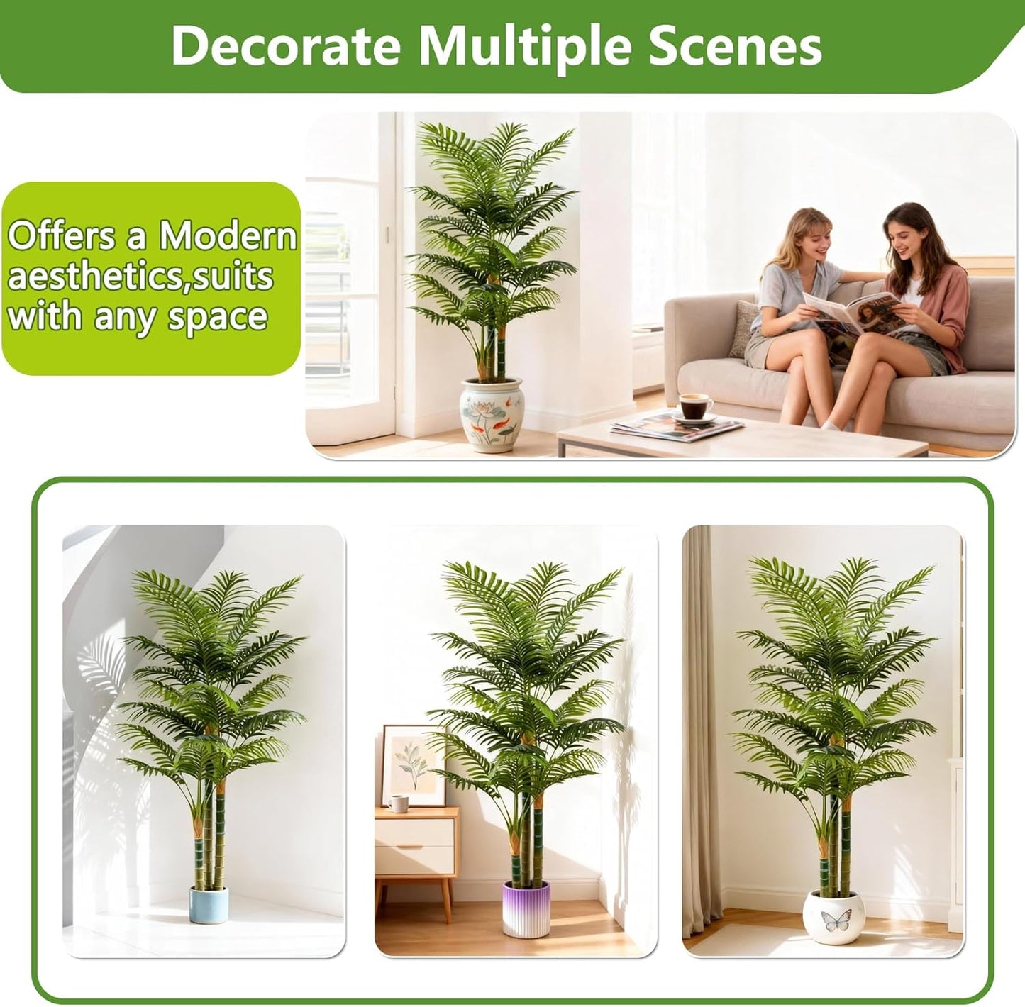 5FT Tall Golden Cane Artificial Palm Tree, Large Faux Palm Tree with 3 Textured Trunks, Outdoor Artificial Plants, Fake Tree for Indoor Office Living Room Outside Patio.