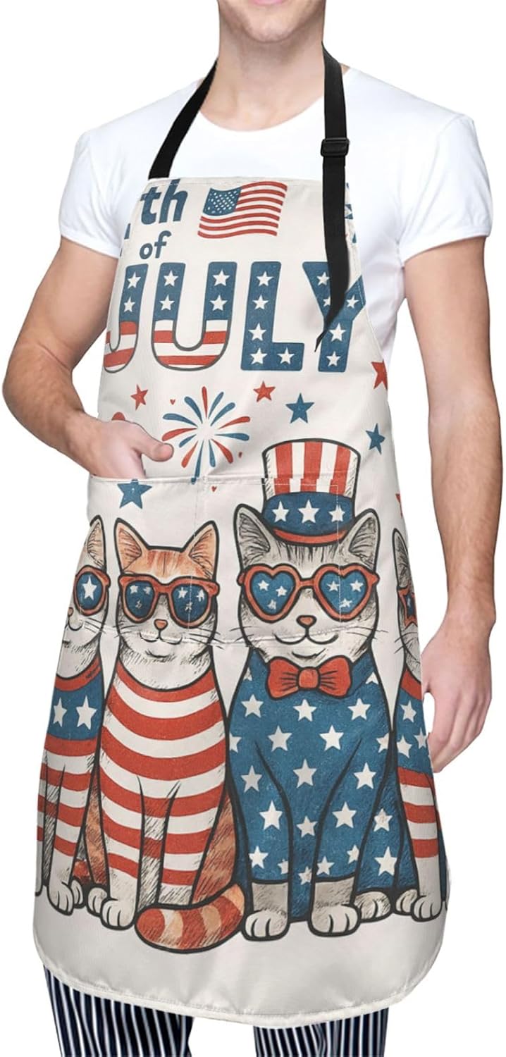 YANYU Patriotic Cats Print 28x33 In Kitchen Apron Stylish Chef Apron with Pockets for Cooking Baking Painting