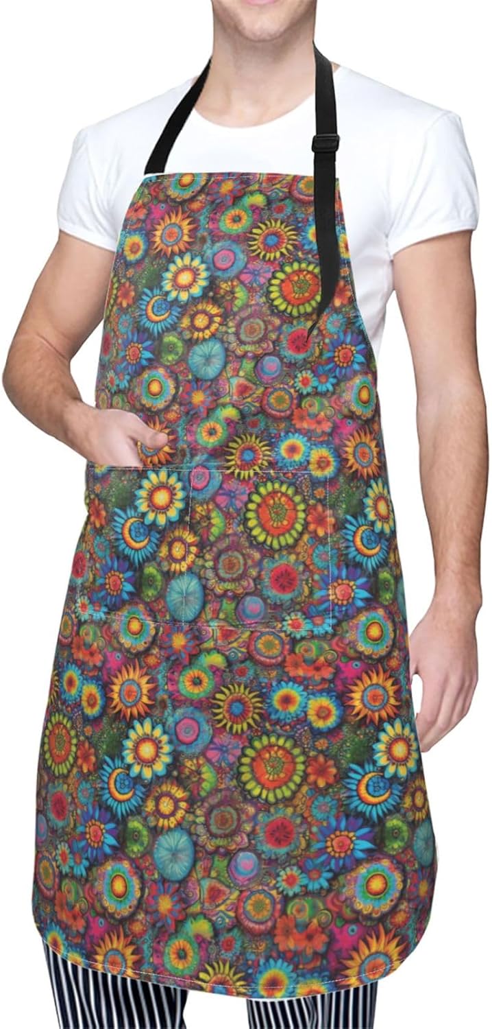 YANYU Hippie Pattern Print 28x33 In Kitchen Apron Stylish Chef Apron with Pockets for Cooking Baking Painting