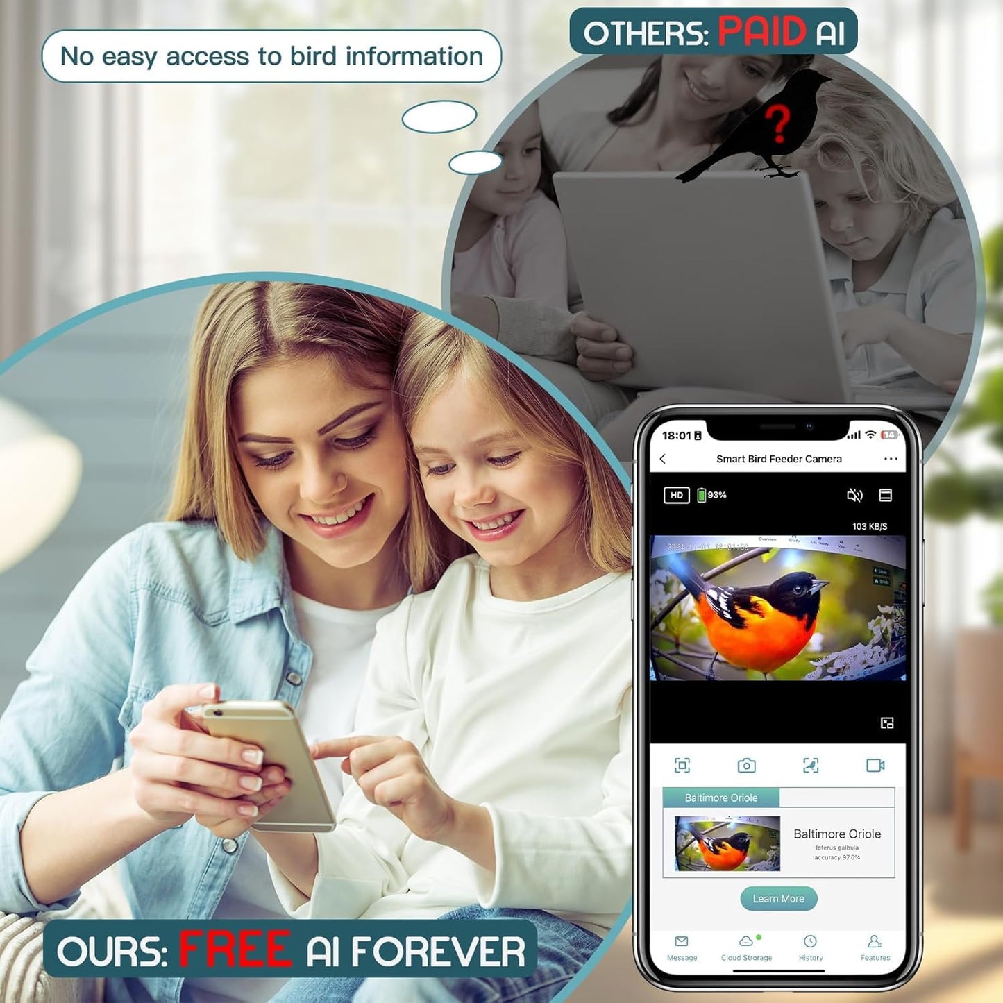 Bird Feeder with Camera, Free AI Forever for 11,000+ Species, 64G TF Card & 1080P HD, Solar-Powered Wireless Outdoor Design, App Alerts & Two-Way Audio for Garden (Sky Blue)
