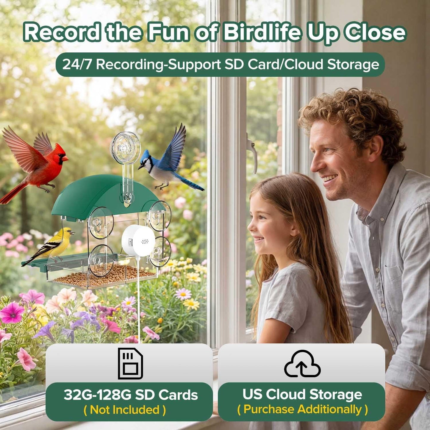 Window Bird Feeder with Camera,2K Live Video,AI Bird Identification,Instant Arrival Alerts,24/7 Recording,Support 2.4G/5G WiFi,SD Card&Cloud Storage,Featuring 5 Strong Suction Cups.