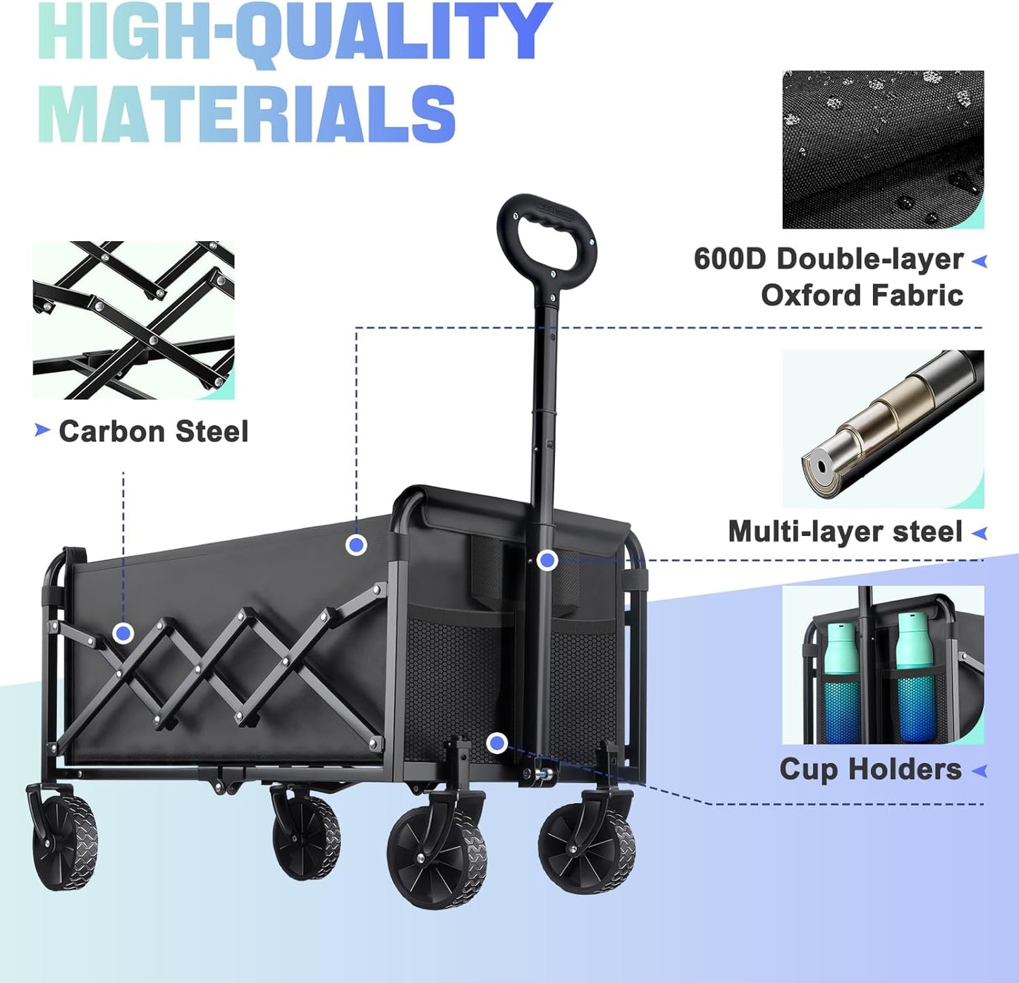360LBS Collapsible Wagon Cart with Wheels - Heavy Duty Folding Wagon Carts for Grocery, Lightweight Utility Wagon with All-Terrain Wheels & 2 Cup Holders, Portable Beach Wagon for Shopping Garden
