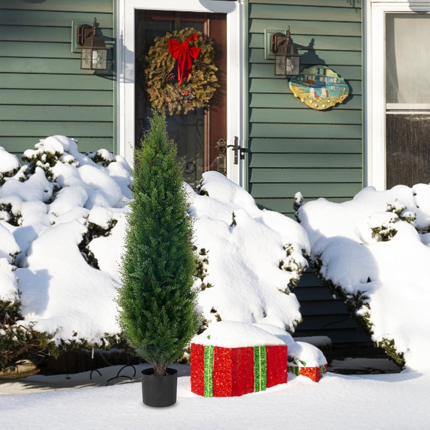 4ft(48”) Artificial Cedar Topiary Tree Potted Plants UV Resistant Leaves Outdoor Artificial Shrub Home and Office Interior Decoration Outdoor Pruned Trees Artificial Outdoor Tree