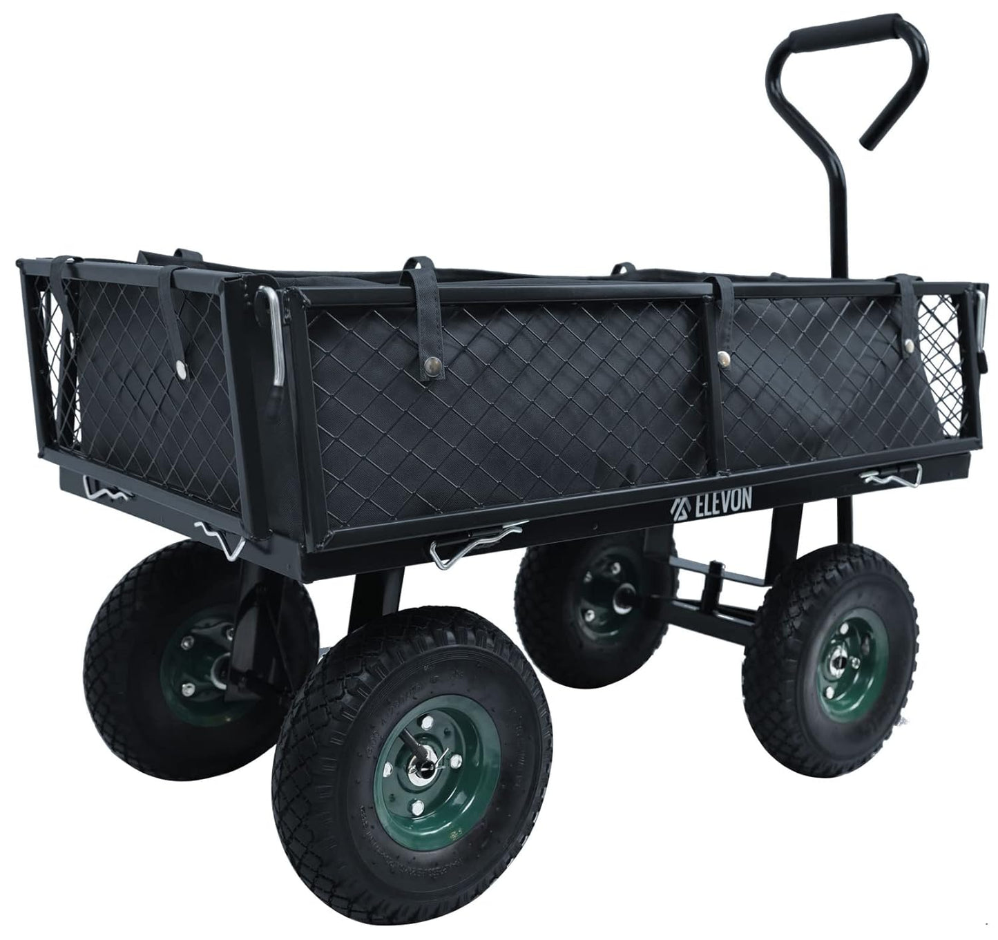 Liner Included, Mesh Steel Folding Utility Wagon with Removable Sides and 10in Pneumatic Tires, Black