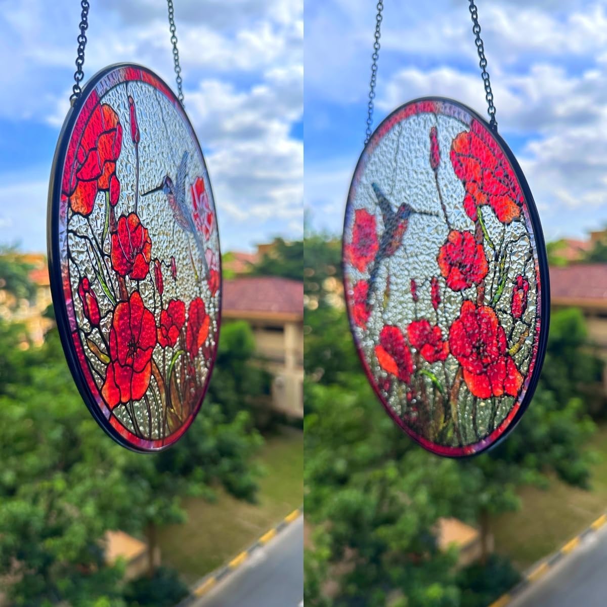 8'' Hummingbird Suncatcher Stained Glass Suncatchers - Originally Designed Red Poppies Ornament for Sun Catcher Indoor Window | Gifts for Hummingbird Lovers Painted Glass Panel Decor