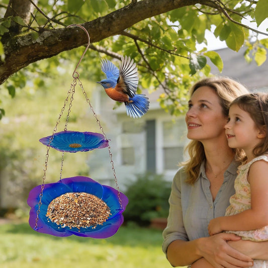 Wild Bird Feeders, Weatherproof Flower-Shaped Metal Double-Layer Tray, Durable Outdoor Bird Feeder for Food and Water, Easy Viewing and Watching, Suitable for Finches, Parrots, Pet Birds, Aviary