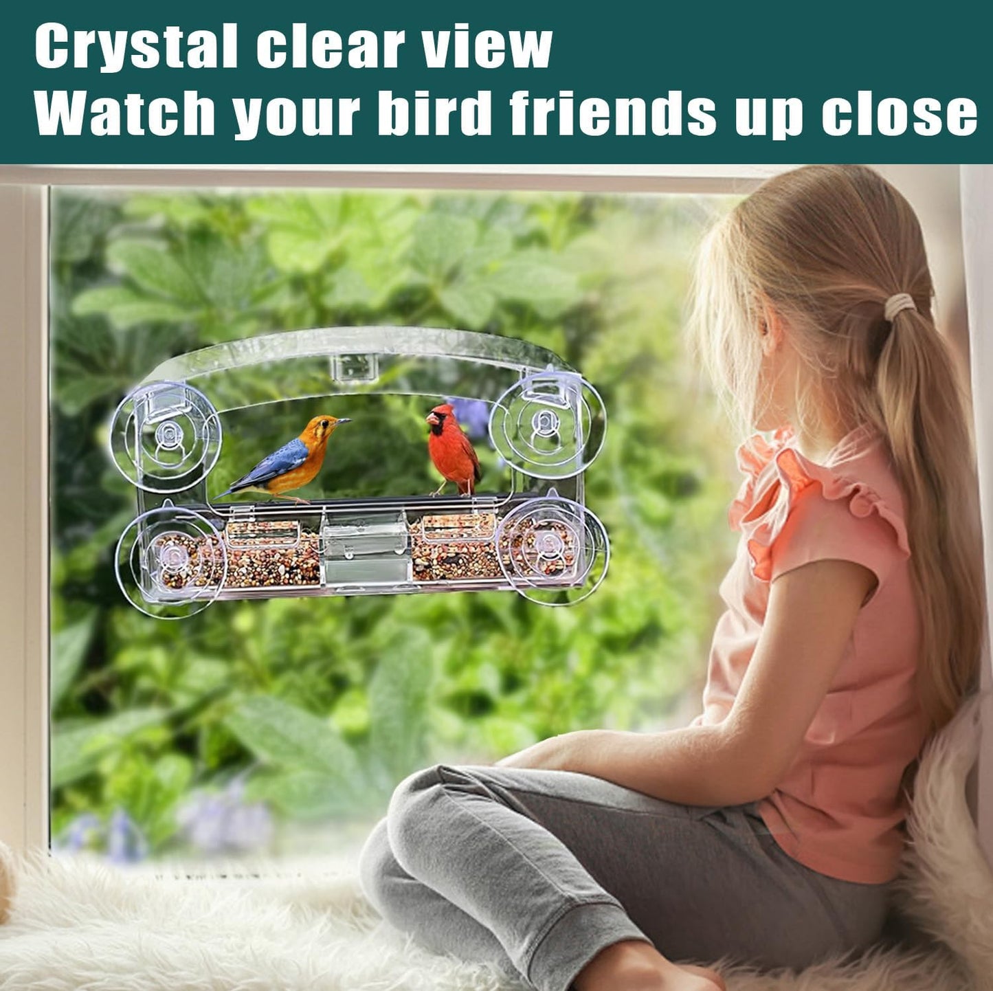 Window Bird Feeder 2 Pack with Strong Suction Cups, Clear for Viewing, Bird Feeders for Outdoors with Drain Holes