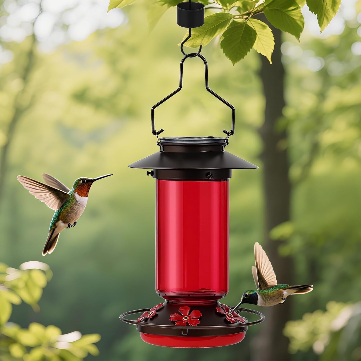 Solar Hummingbird Feeder for Outdoors Hanging Glass 21 Ounce with 5 Bee Guard Feeding Ports and Ant Moat, Leak-Proof, Red